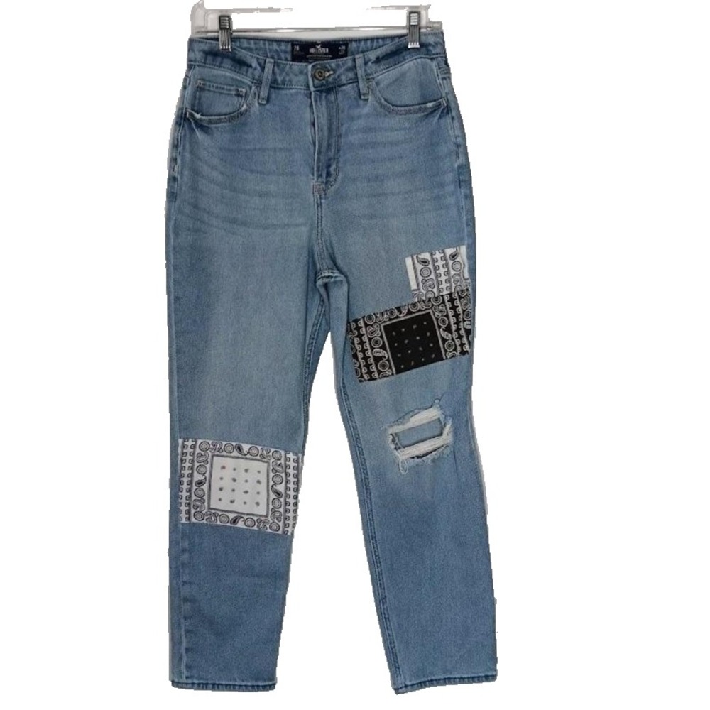 Hollister Ultra High Rise Mom Jeans Womens 7R 28 Blue Patchwork Distressed Denim